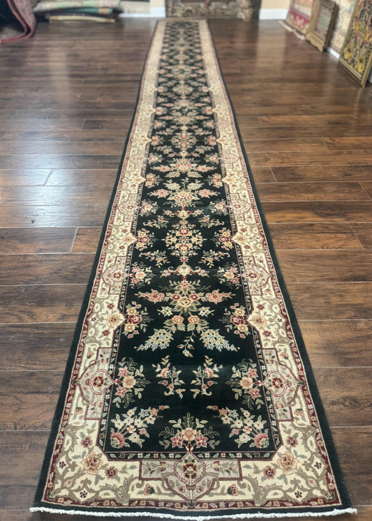 Persian Runner Rug Handmade Wool Floral Allover 2.7x21 Dark Green Beige Hallway Runner