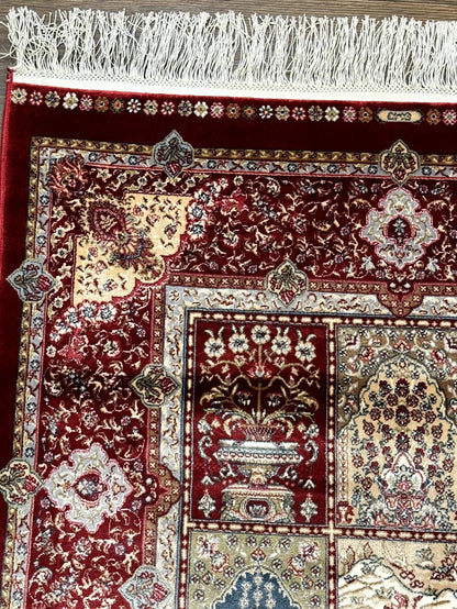 Turkish Silk Runner Rug 2.6 x 11.6 Ft Panel Design Dark Red Ivory Bamboo Silk