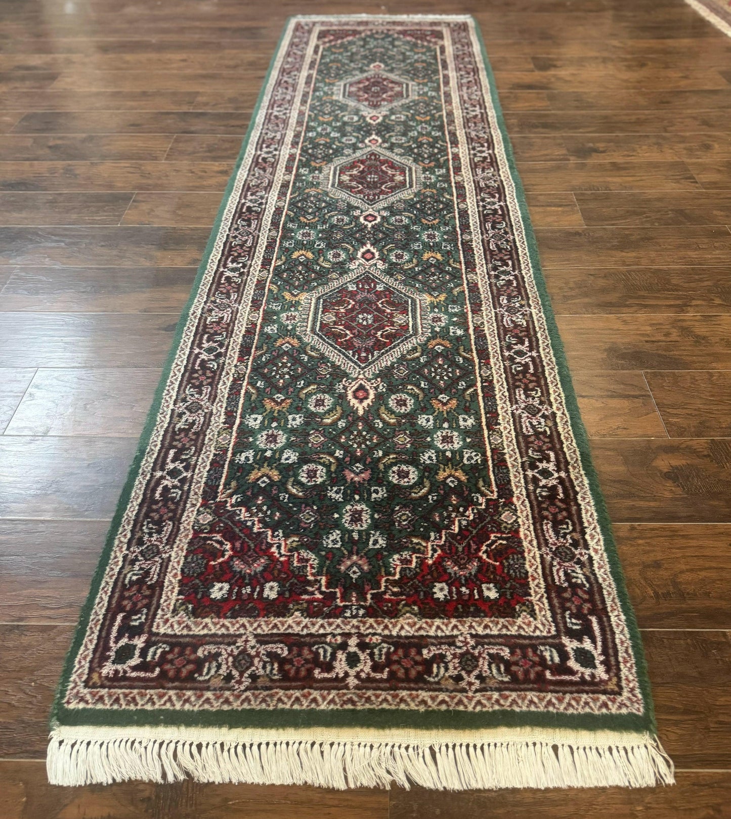 Indo Persian Bidjar Runner Rug 3x10 Green Red Hand Knotted Wool
