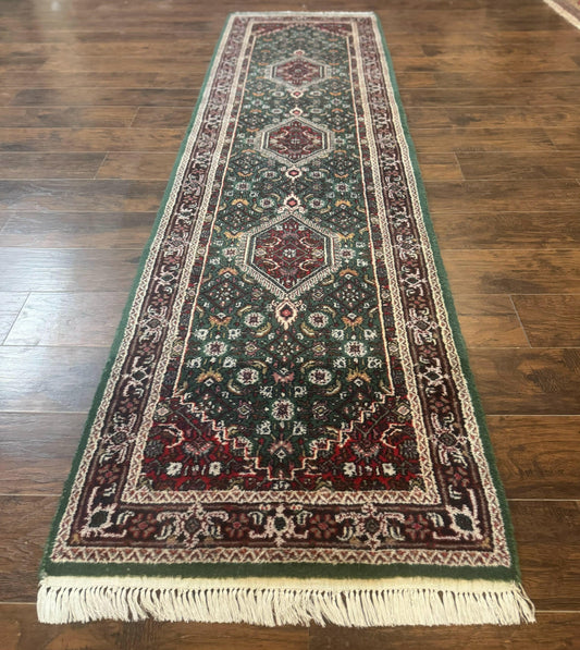 Indo Persian Bidjar Runner Rug 3x10 Green Red Hand Knotted Wool