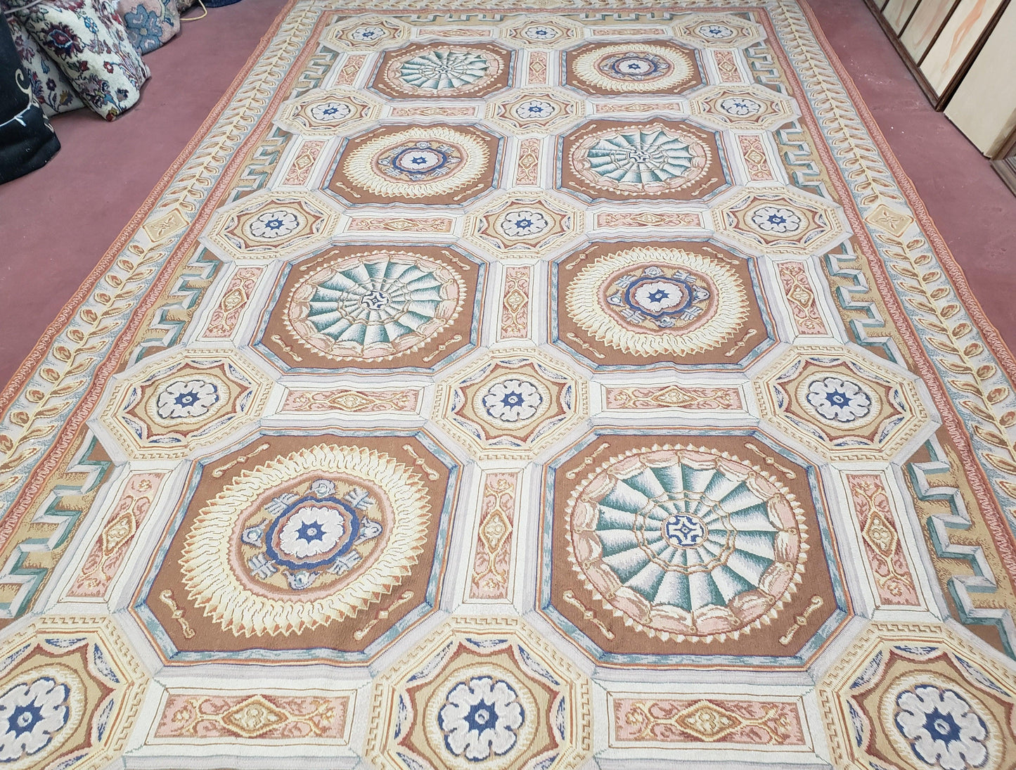 Needlepoint Wool Rug Handmade 8x14 Flatweave Panel Design For Dining Room