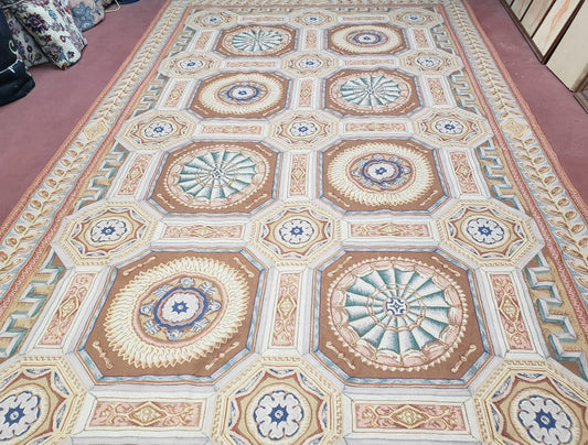 Needlepoint Wool Rug Handmade 8x14 Flatweave Panel Design For Dining Room