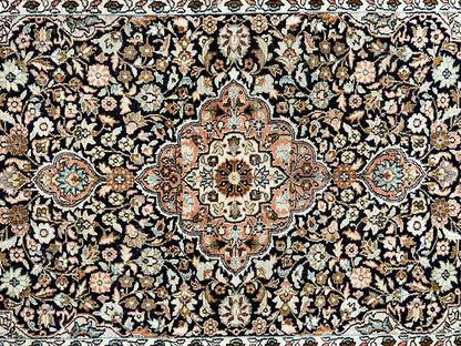 Kashmiri Silk Rug 3x5 Navy Blue Handmade Floral Medallion Indo Persian Silk