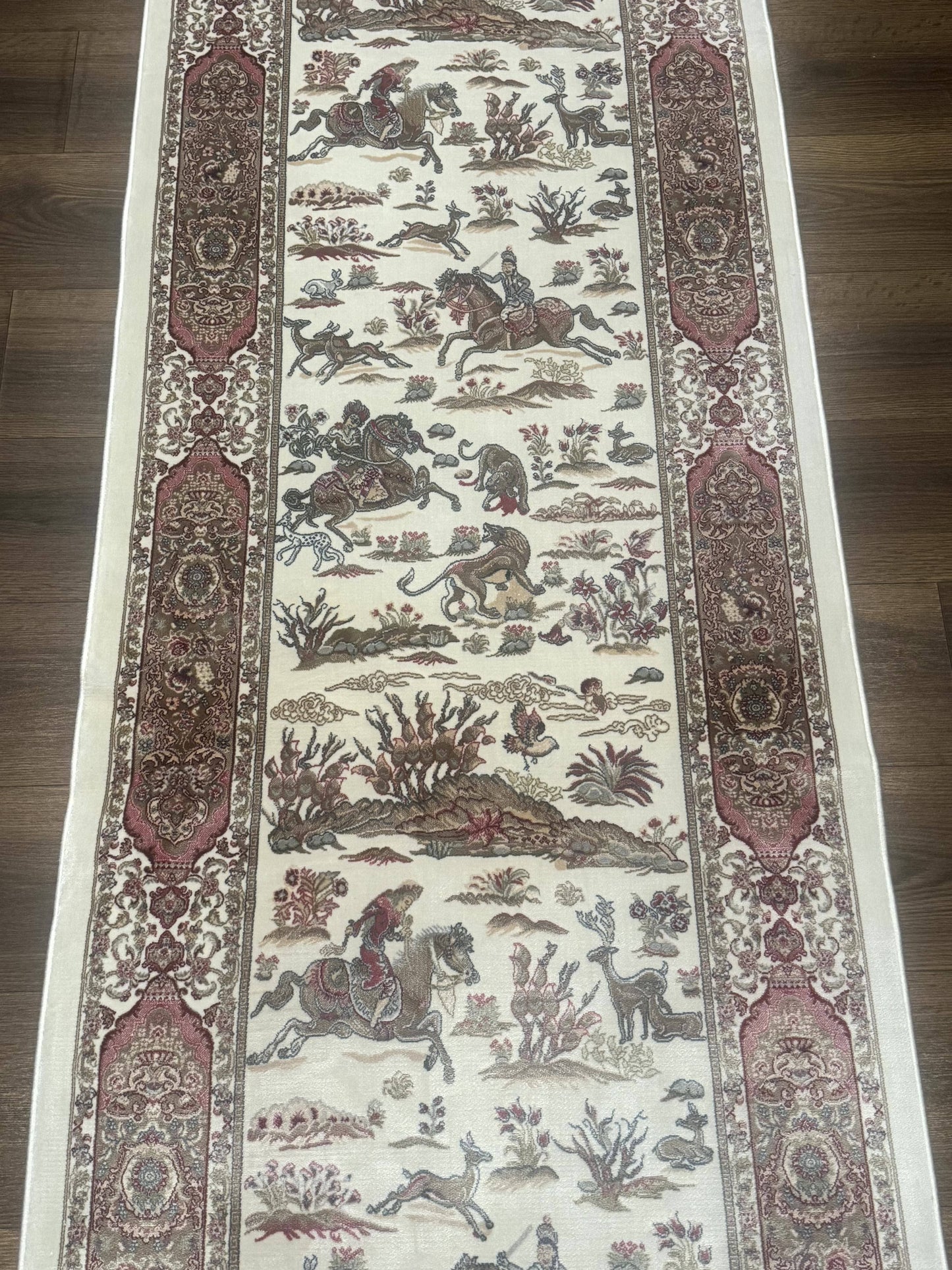 Turkish Silk Runner Rug 2.6 x 8 Ivory Bamboo Silk Hunting Design