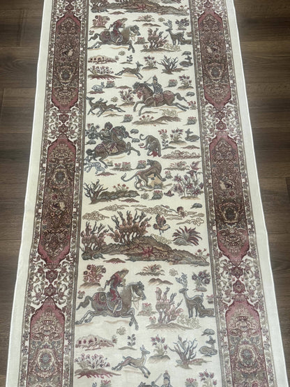 Turkish Silk Runner Rug 2.6 x 8 Ivory Bamboo Silk Hunting Design