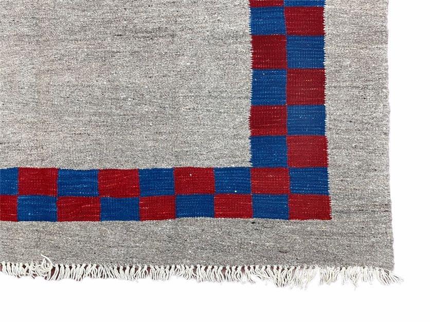 Turkish Kilim Rug Hand Knotted Wool Geometric Gray Blue Red Border 5 Ft 7 In By 7 Ft 7 In