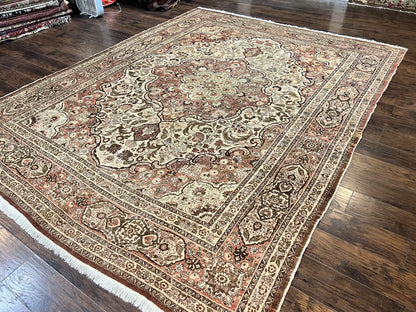 Antique Persian Tabriz Rug 10x12 Hand Knotted Wool Carpet Floral Medallion Beige and Light Red