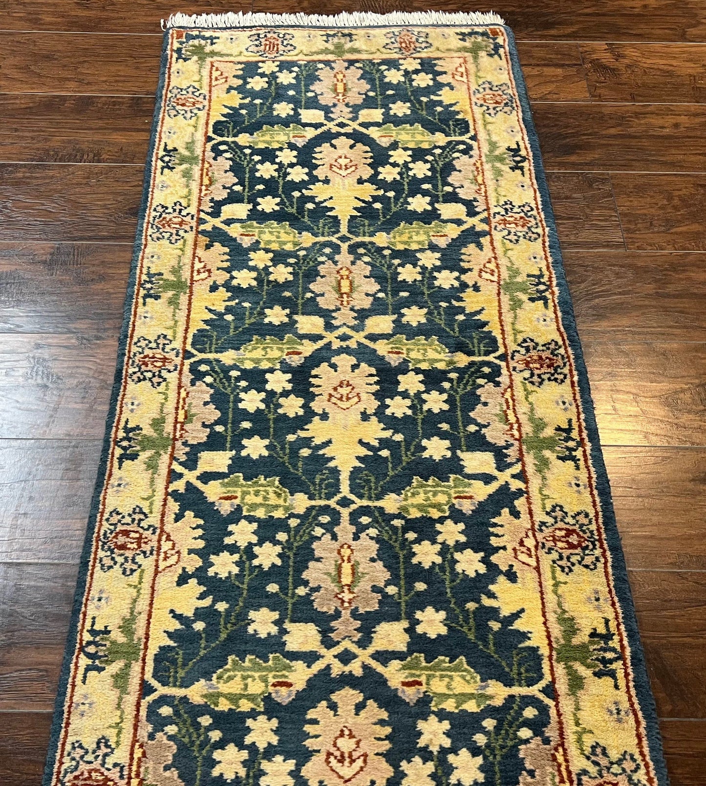 Indo Mahal Wool Hand Knotted Runner Rug 2.6 x 12 Navy Blue Beige Oriental Hallway Rug