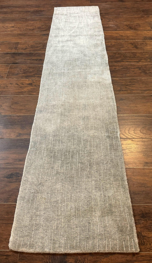 Tibetan Runner Rug Modern Wool And Silk Highlights Gray Silver Hallway Kitchen Narrow Runner
