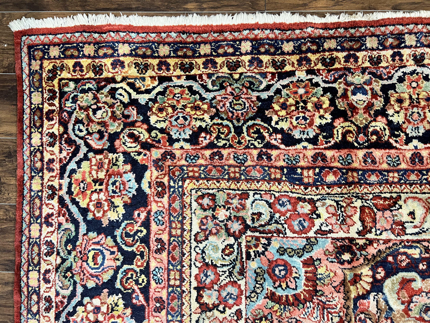 Persian Sarouk Rug 11x14 Handmade Wool Floral Red And Blue Semi Antique