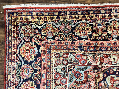 Persian Sarouk Rug 11x14 Handmade Wool Floral Red And Blue Semi Antique
