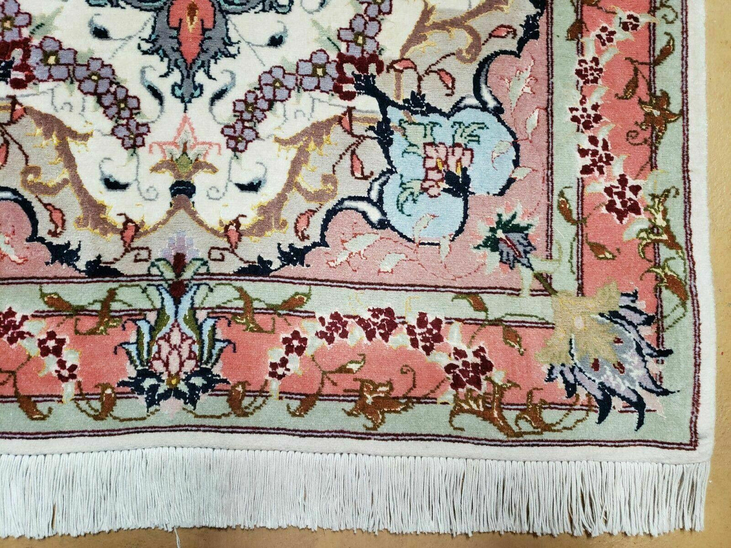 Vintage Persian Tabriz Wool Silk Rug Hand Knotted Medallion Ivory Salmon Light Blue