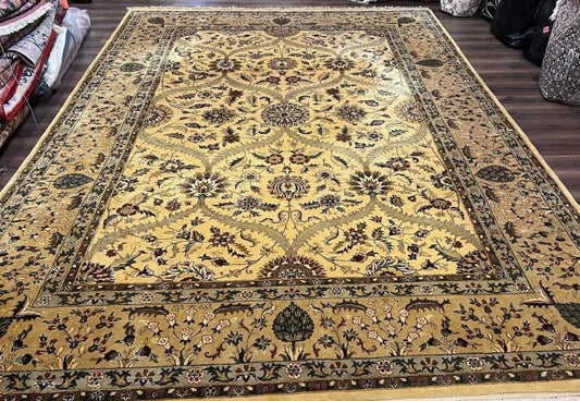Indo Persian Mahal Rug 10x14 Handmade Wool Hand Knotted Oriental Carpet Cream Floral Allover Vintage Area Rug