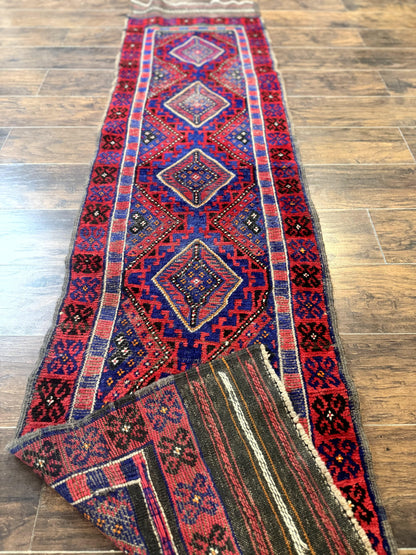 Turkoman Runner Rug 2x8.6 Handmade Wool Hallway Runner Vintage Red Blue