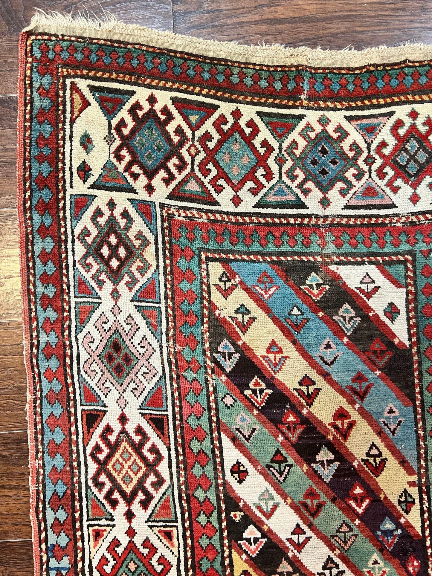 Caucasian Kazak Runner Rug Hand Knotted Wool Antique 1880s Ivory And Multicolor Striped Hallway Rug