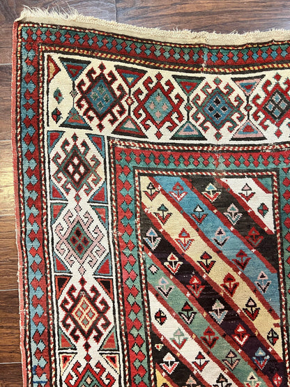 Caucasian Kazak Runner Rug Hand Knotted Wool Antique 1880s Ivory And Multicolor Striped Hallway Rug