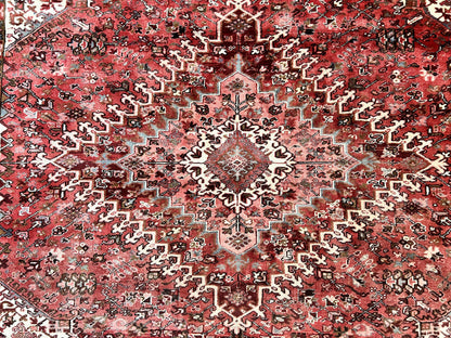 Persian Heriz Rug 10x13 Handmade Wool Hand Knotted Red Cream Geometric Tribal Semi Antique Carpet