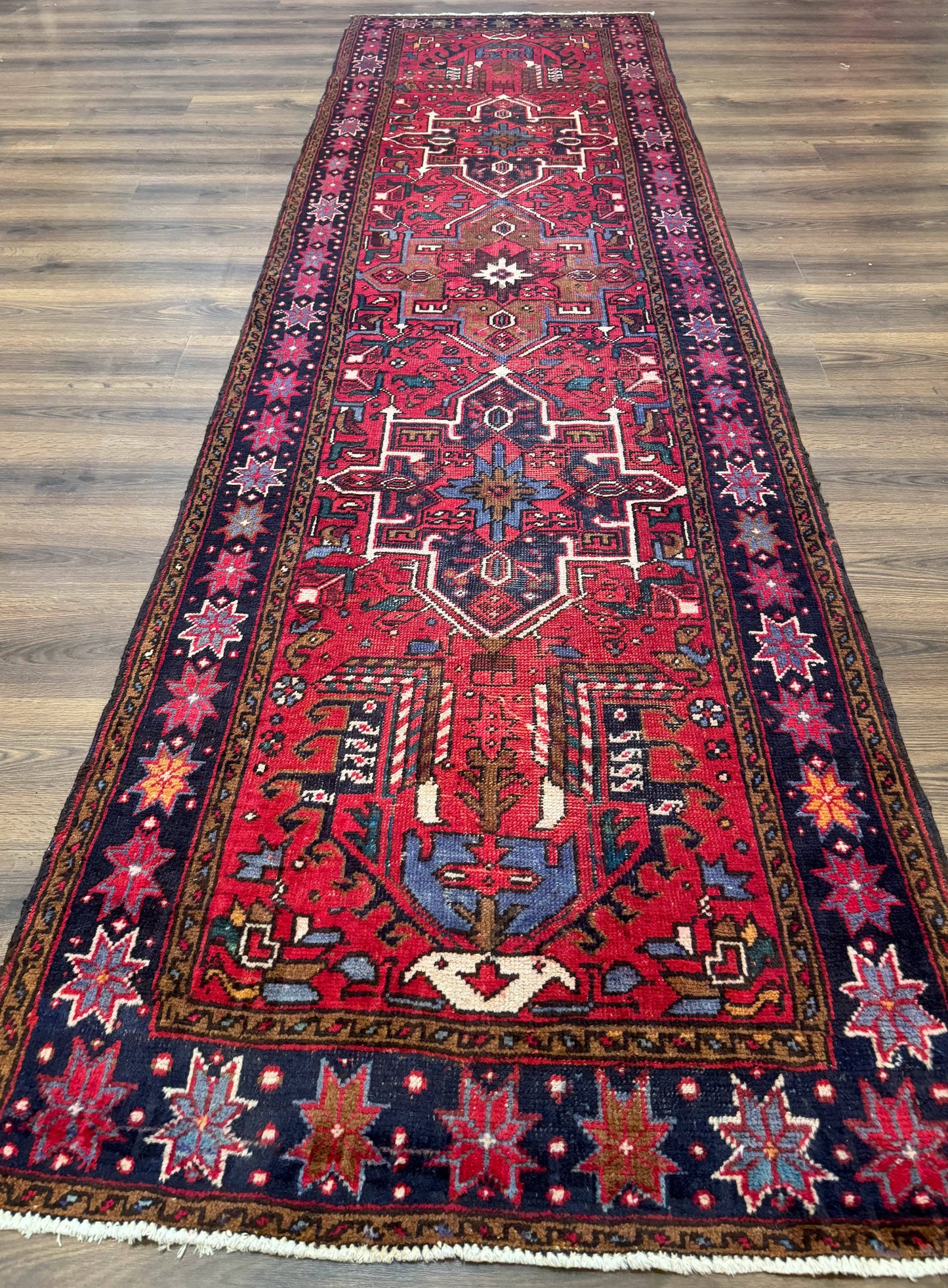 Persian Heriz Karajeh Runner Rug 3.7 x 12 ft Red Navy Geometric Medallions