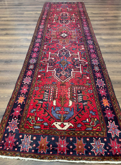 Persian Heriz Karajeh Runner Rug 3.7 x 12 ft Red Navy Geometric Medallions