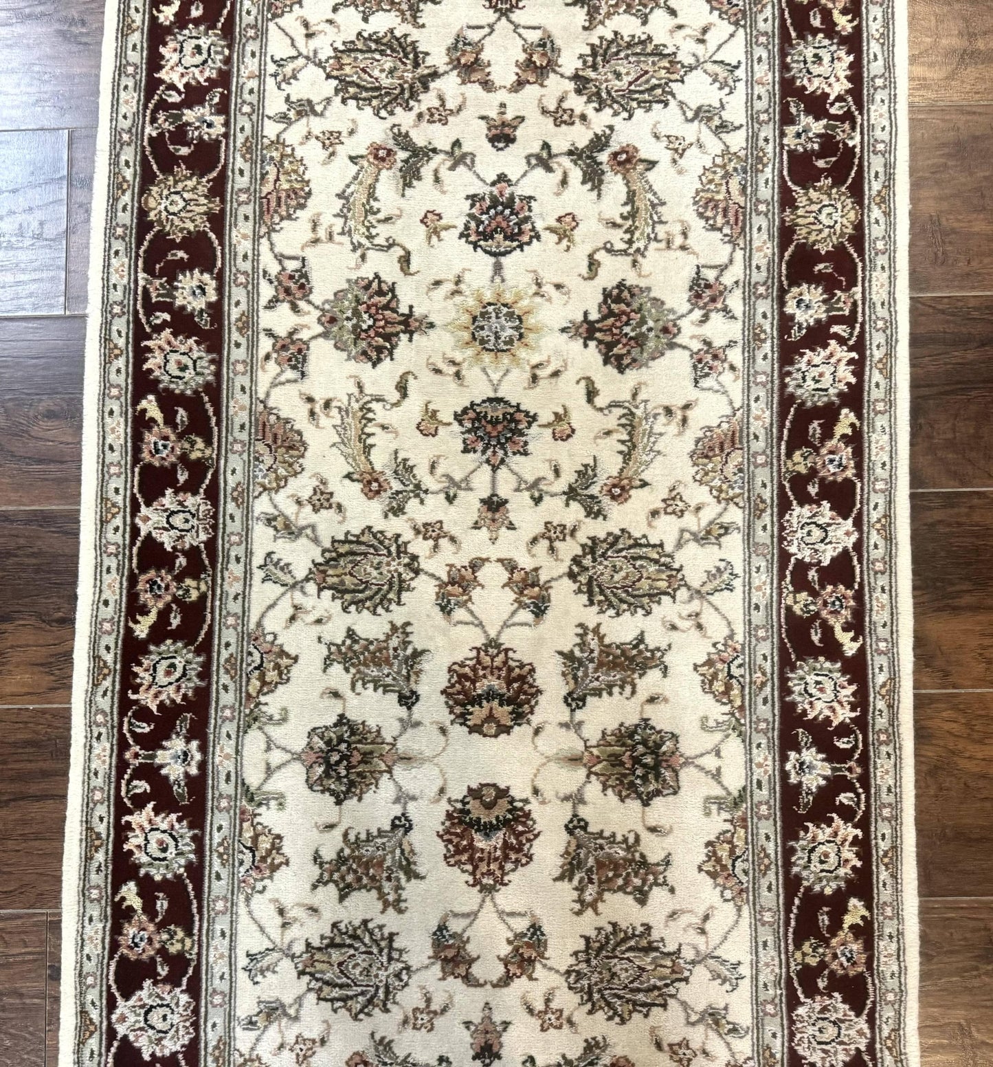 Persian Runner Rug 2.8 x 8 Handmade Vintage Wool and Silk Highlights Beige Maroon