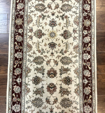 Persian Runner Rug 2.8 x 8 Handmade Vintage Wool and Silk Highlights Beige Maroon