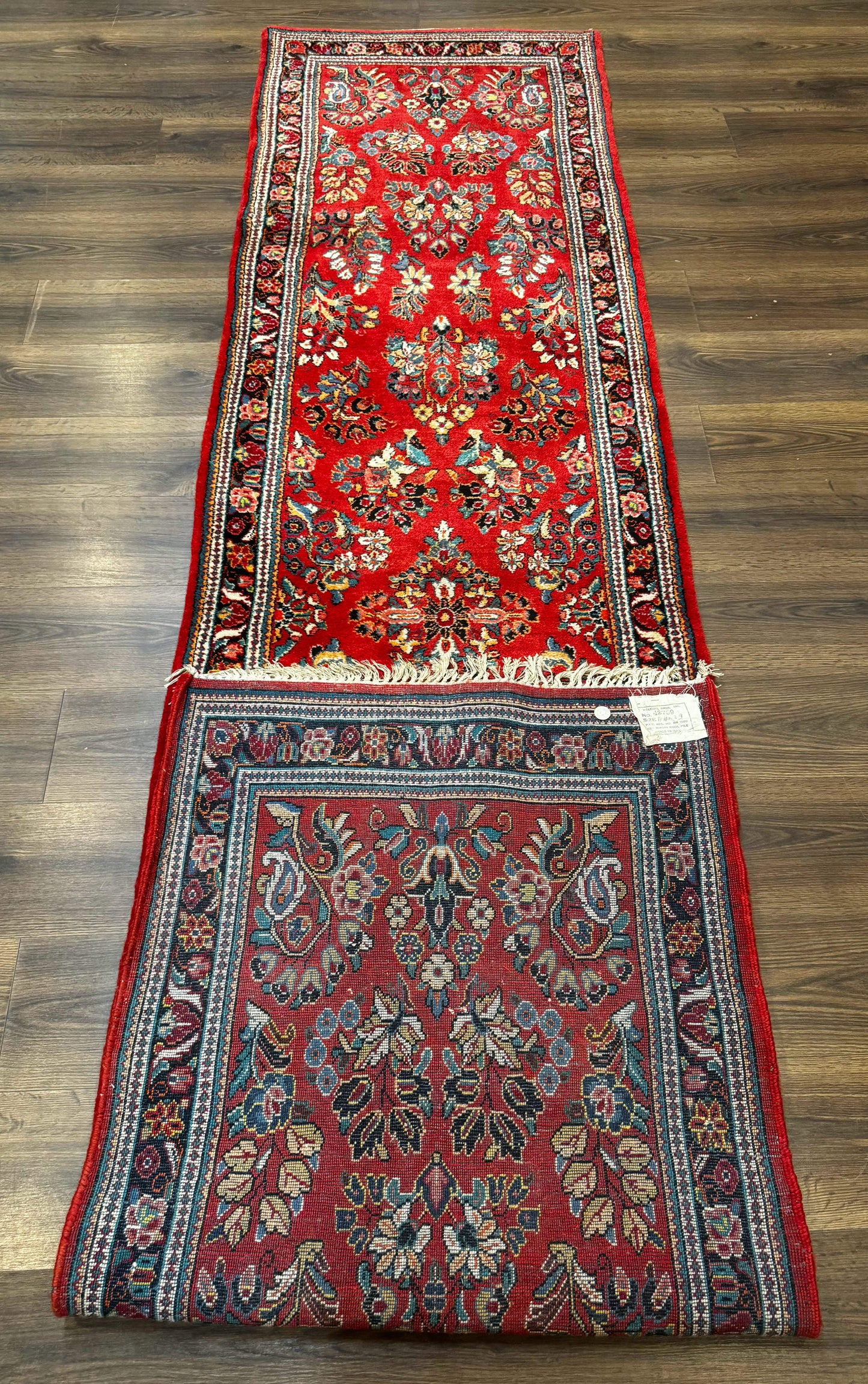 Persian Sarouk Runner Rug 3x12 Vintage Wool Red Floral Design