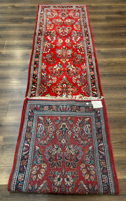 Persian Sarouk Runner Rug 3x12 Vintage Wool Red Floral Design