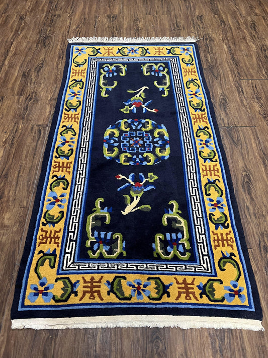 Chinese Art Deco Rug Hand Knotted Vintage Wool Carpet 3x6 Dark Blue Gold Medallion