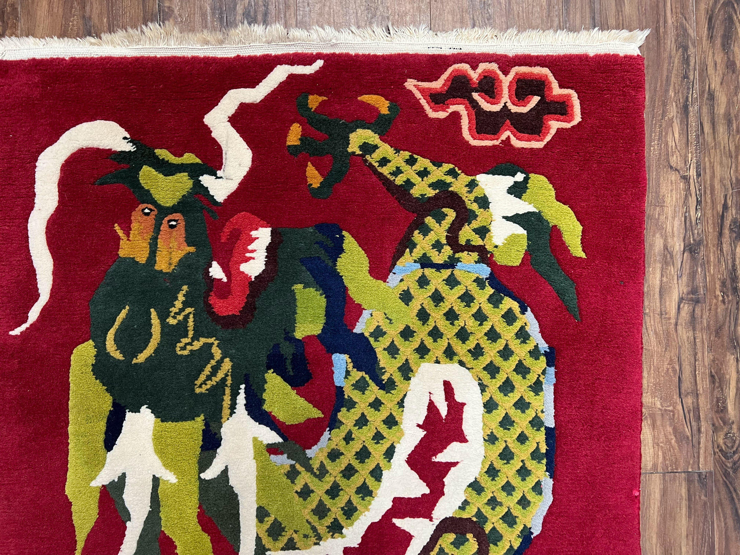 Vintage Chinese Dragon Rug 3x6.8 Handmade Hand Knotted Red Gold Dragon Art Deco Runner