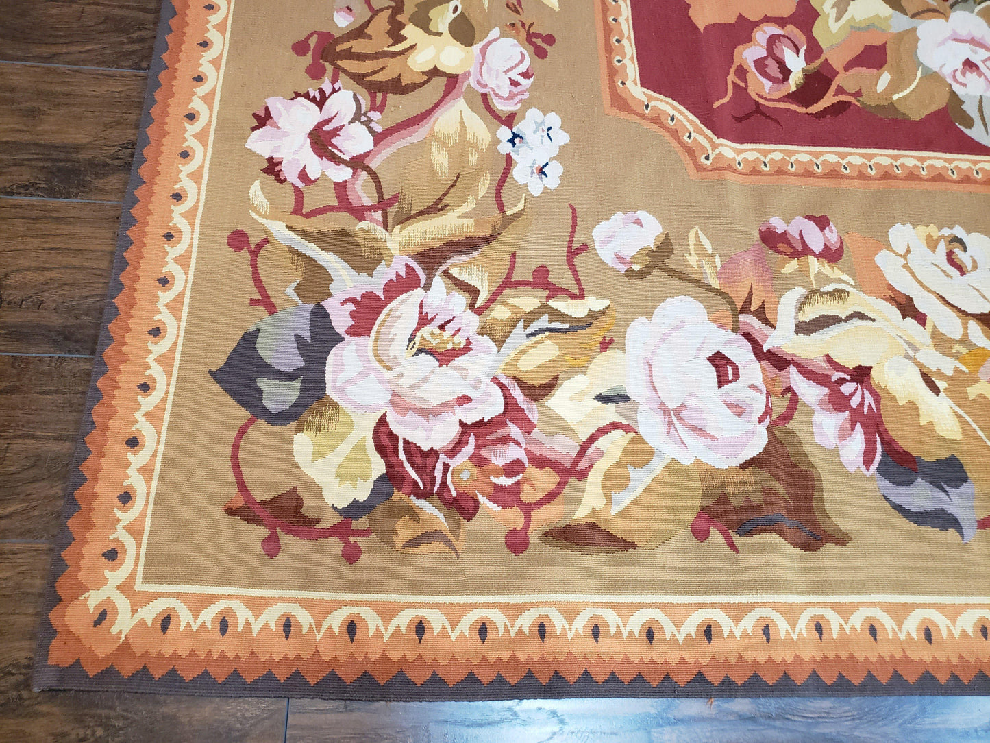 Vintage Handwoven Wool Aubusson Savonnerie Rug 9x14 Red Khaki Floral Design