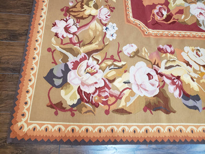 Vintage Handwoven Wool Aubusson Savonnerie Rug 9x14 Red Khaki Floral Design