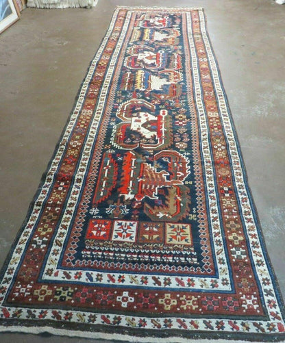 Antique Handmade Caucasian Wool Rug 3 Ft 7 In By 13 Ft 10 In Natural Dyes