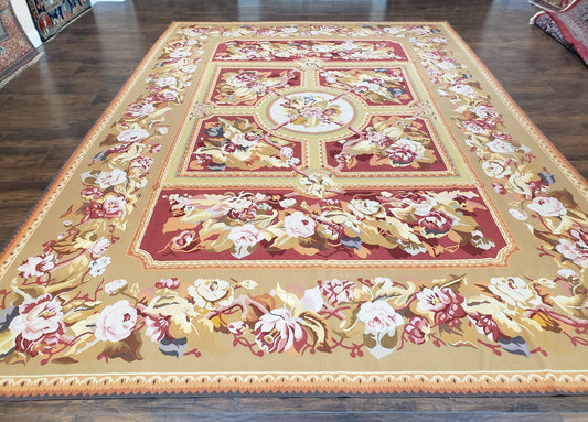 Vintage Handwoven Wool Aubusson Savonnerie Rug 9x14 Red Khaki Floral Design