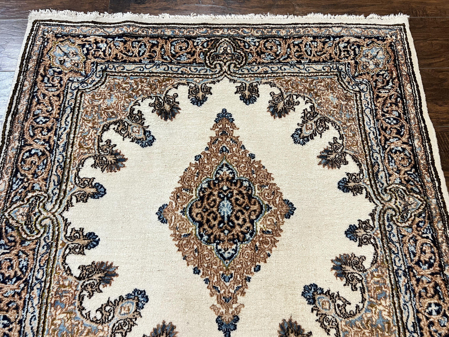 Persian Kirman Square Rug 4x4 Handmade Wool Hand Knotted Semi Open Field