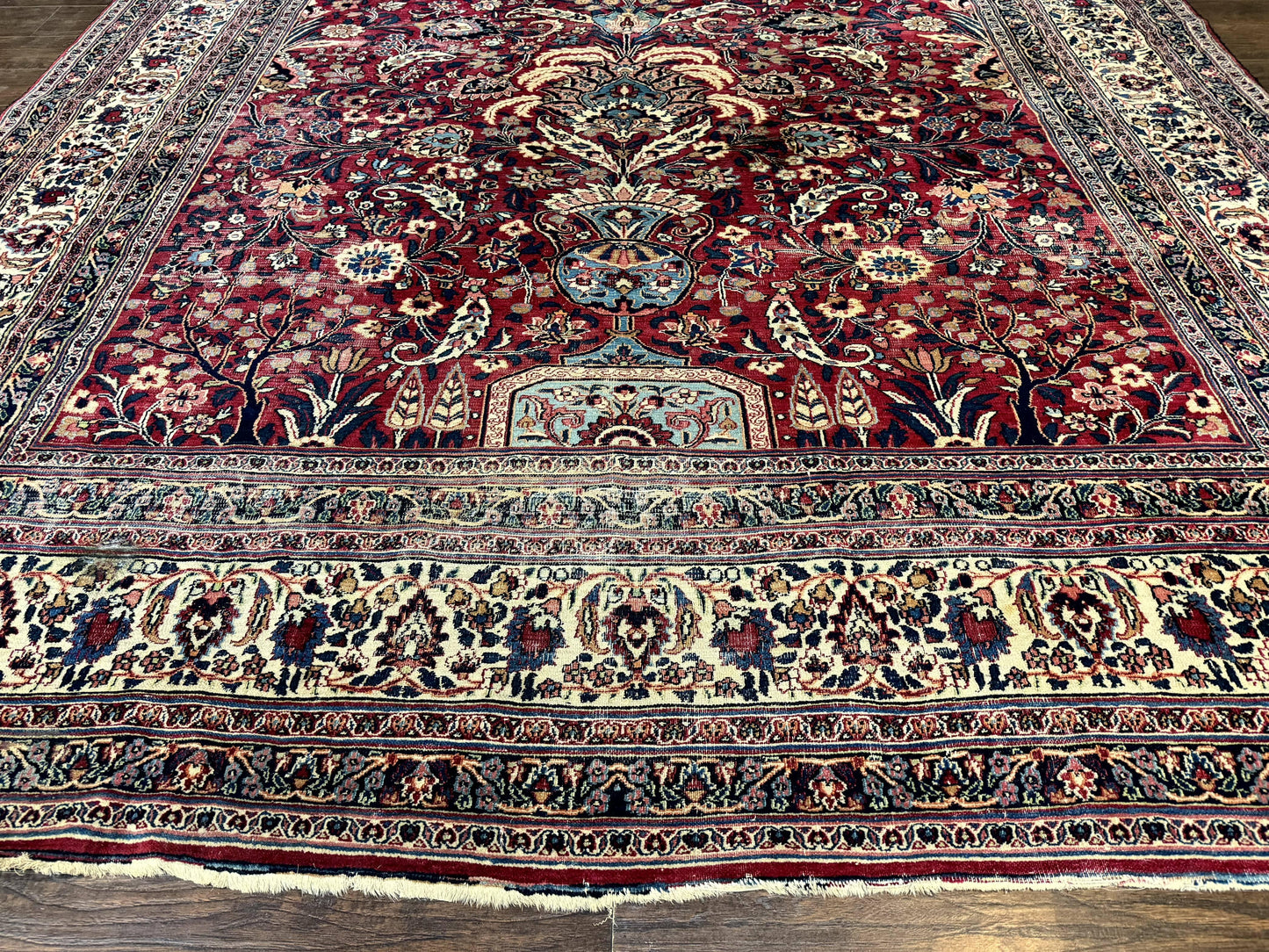 Antique Persian Mashad Rug 10x12 Hand Knotted Signed By Master Weaver Red Ivory Wool