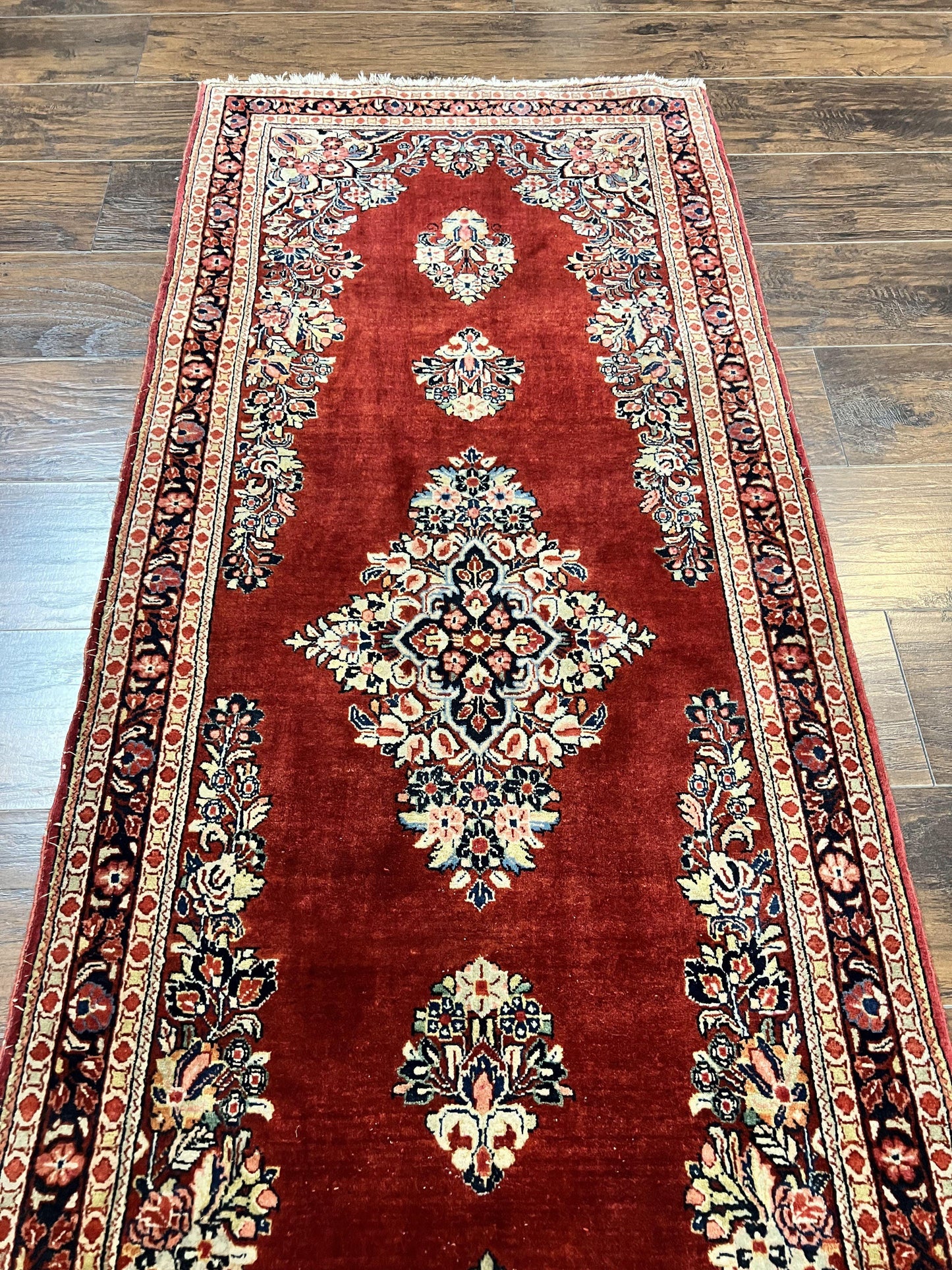 Persian Sarouk Runner Rug Handmade Wool Two Point Seven By Six Red Vintage Semi Antique
