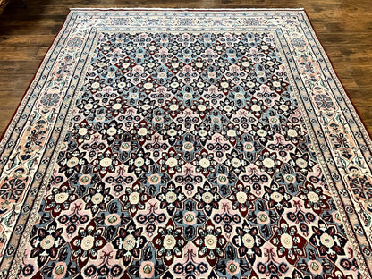Indo Persian Rug 8x10 Handmade Vintage Wool Floral Allover Pattern Navy Ivory