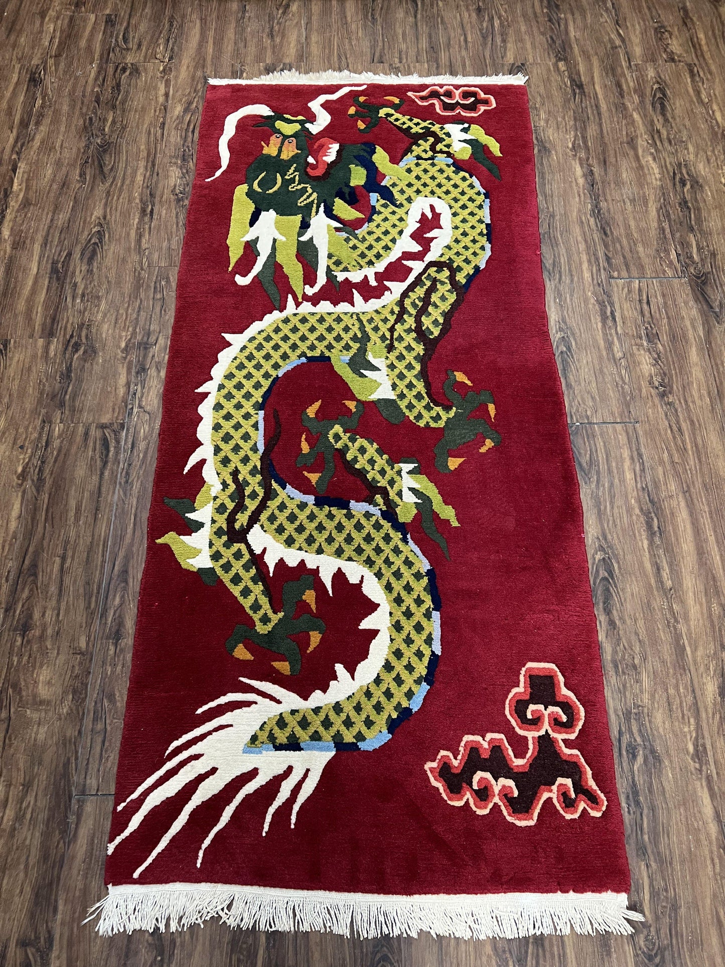 Vintage Chinese Dragon Rug 3x6.8 Handmade Hand Knotted Red Gold Dragon Art Deco Runner