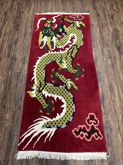 Vintage Chinese Dragon Rug 3x6.8 Handmade Hand Knotted Red Gold Dragon Art Deco Runner