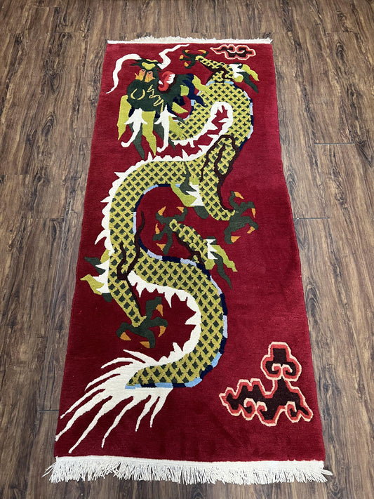 Vintage Chinese Dragon Rug 3x6.8 Handmade Hand Knotted Red Gold Dragon Art Deco Runner