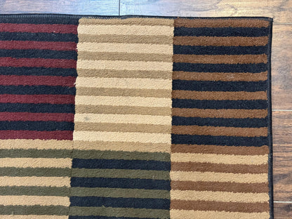 Vintage Power Loomed Wool Rug 3.6 X 5 Box Design In Brown Beige Black Tan