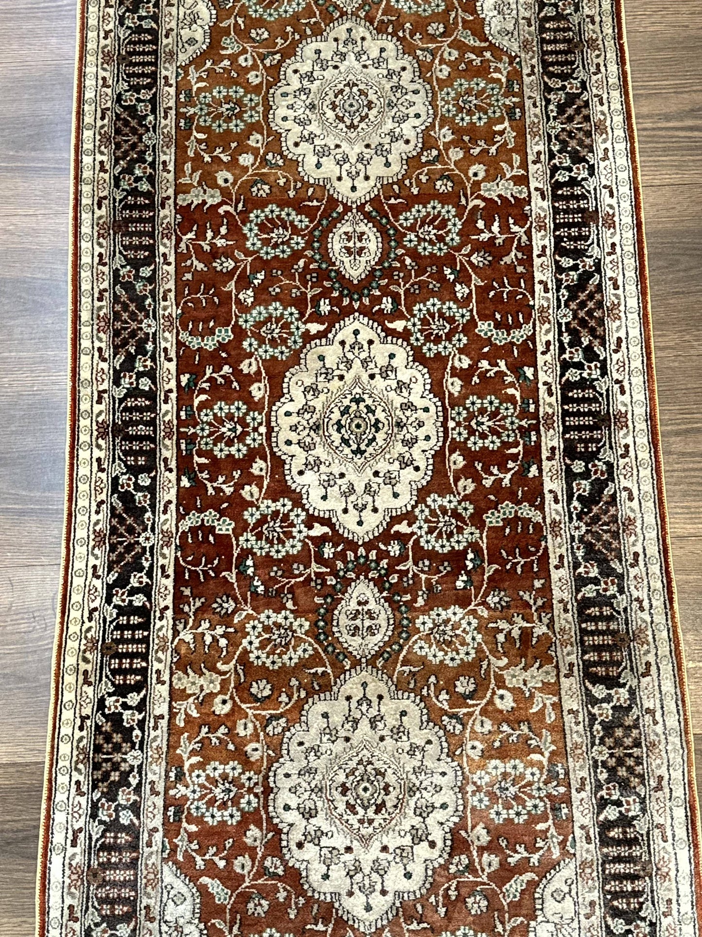 Turkish Silk Narrow Runner Rug 2 By 5.8 Handmade Floral Medallions Red