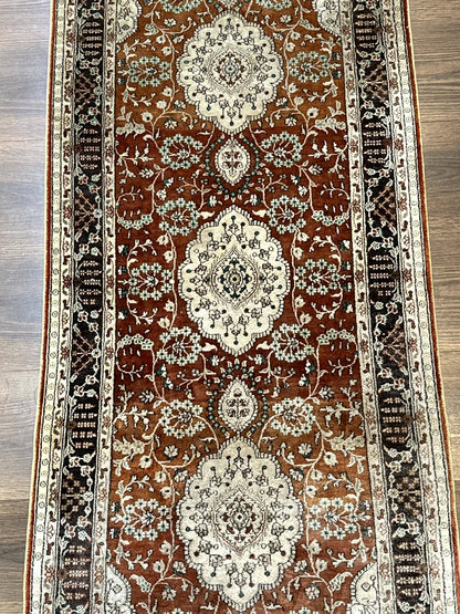 Turkish Silk Narrow Runner Rug 2 By 5.8 Handmade Floral Medallions Red