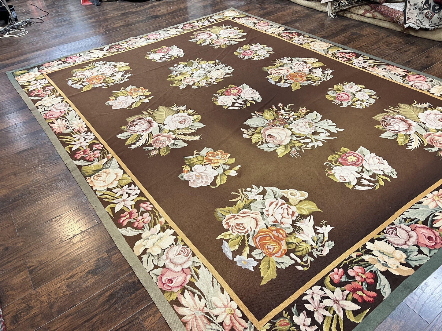 Vintage Needlepoint Rug 9x12 Handmade Wool Carpet With Floral Bouquets European Design