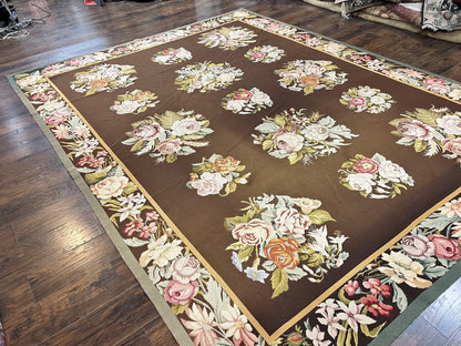 Vintage Needlepoint Rug 9x12 Handmade Wool Carpet With Floral Bouquets European Design
