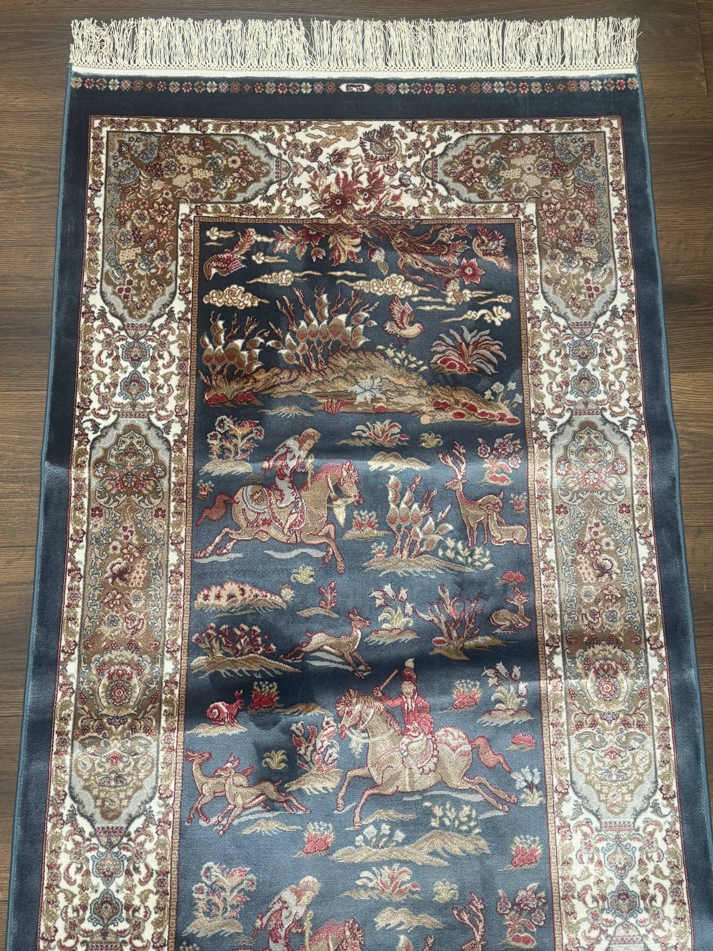Turkish Silk Rug Runner 2.6 by 6.7 Blue Ivory Bamboo Silk Contemporary Design