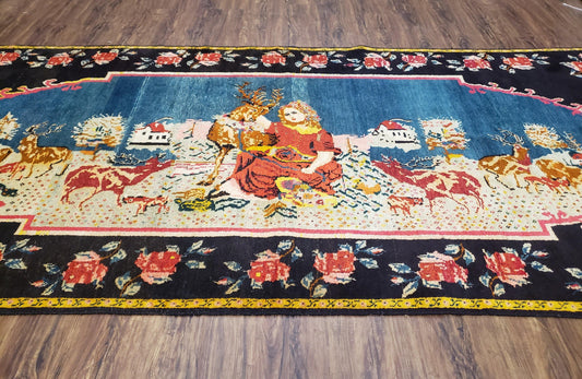 Antique Persian Pictorial Rug Hand Knotted Wool Carpet 4ft 6in By 9ft Blue Roses Caucasian