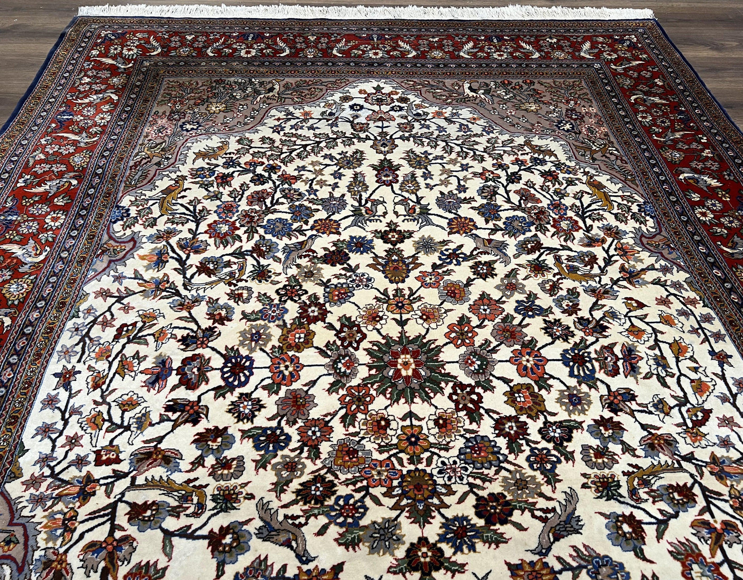 Sino Persian Rug Hand Knotted 7x10 Circle Of Life Tree Of Life Birds Cream Red Navy Blue Taupe Wool Silk Accents Vintage