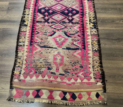 Turkish Runner Rug 3x10 Pink And Navy Blue Bohemian Hallway Kitchen Vintage Geometric Tribal