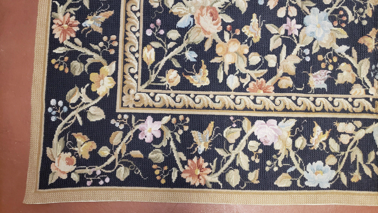 Vintage Needlepoint Rug 6x9 Butterflies Floral Design Wool Handcrafted